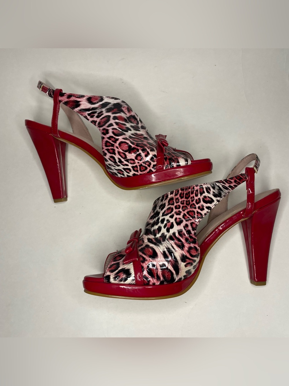 Rare Bellini Red Pink Leopard Mesh Leather 4" Heels 90s Cocktail Party Sz 8.5
